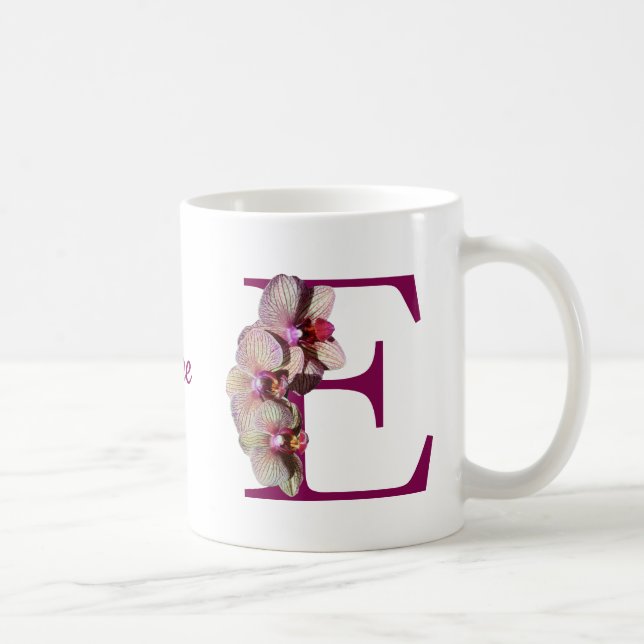 Orchid Elegant Monogram Initial E Personalized Coffee Mug (Right)