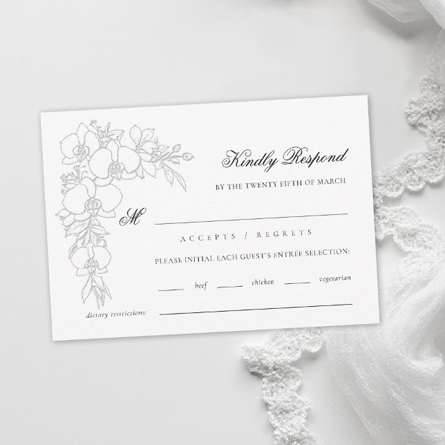 Orchid Elevated White Formal Traditional Wedding RSVP Card (orchid wedding rsvp meal formal modern classic traditional black tie parents hosted white)