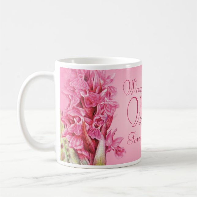 Orchid floral art Wonderful Wife pink mug (Left)