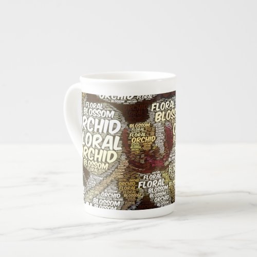 Orchid Floral Blossom Over Burgundy Word Cloud Bone China Mug