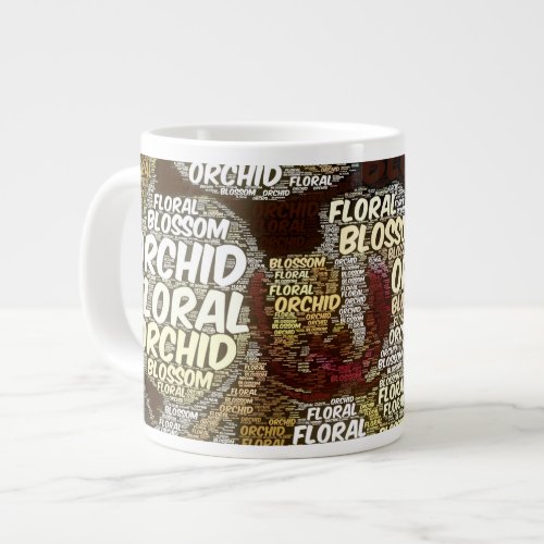 Orchid Floral Blossom Over Burgundy Word Cloud Large Coffee Mug