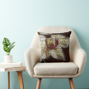 Orchid Floral Blossom Over Burgundy Word Cloud Throw Pillow