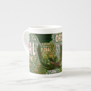 Orchid Floral Blossom Over Green Word Cloud Bone China Mug