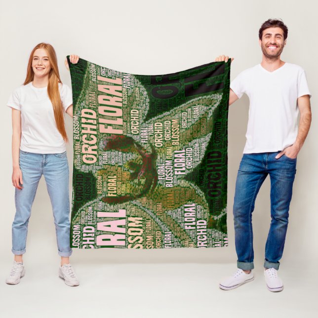 Orchid Floral Blossom Over Green Word Cloud Fleece Blanket (In Situ)