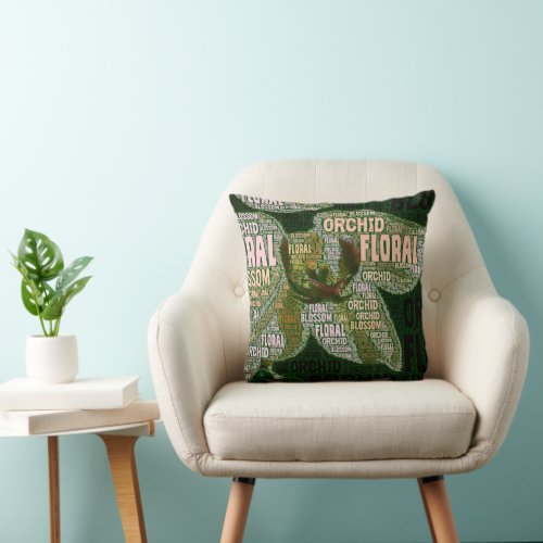 Orchid Floral Blossom Over Green Word Cloud Throw Pillow