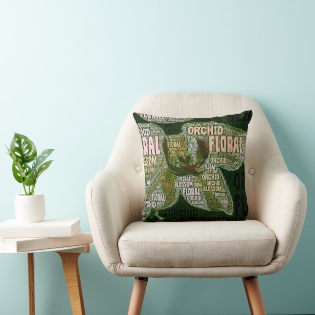 Orchid Floral Blossom Over Green Word Cloud Throw Pillow (Chair)