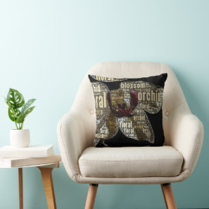 Orchid Floral Blossom Word Cloud Over Black Throw Pillow