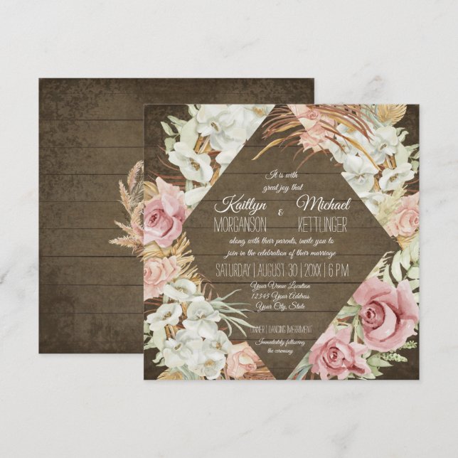 Orchid Floral Pampas Palm Leaf Foliage Rustic Wood Invitation (Front/Back)