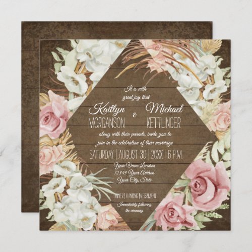 Orchid Floral Pampas Palm Leaf Foliage Rustic Wood Invitation