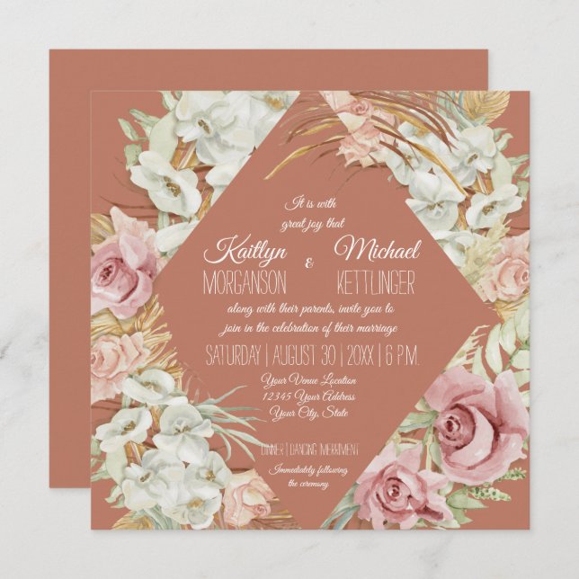 Orchid Floral Terracotta Pampas Palm Leaf Foliage Invitation (Front/Back)