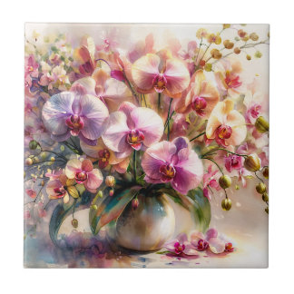 Orchid Floral Watercolor Elegant Botanical Art Ceramic Tile