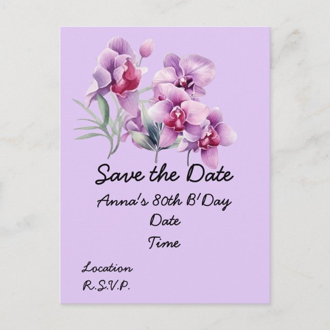 Orchid flower 80th Birthday Save the Date Postcard (Front)