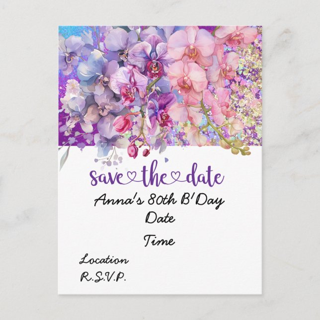 Orchid flower Birthday Save the Date Postcard (Front)
