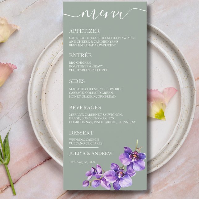 Orchid flower in saga green Wedding Menu card  (Creator Uploaded)