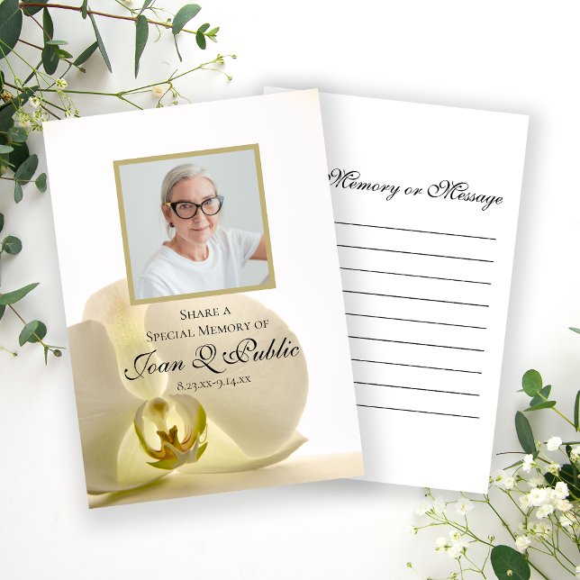 Orchid Flower on White Share a Memory Funeral  Note Card (Creator Uploaded)
