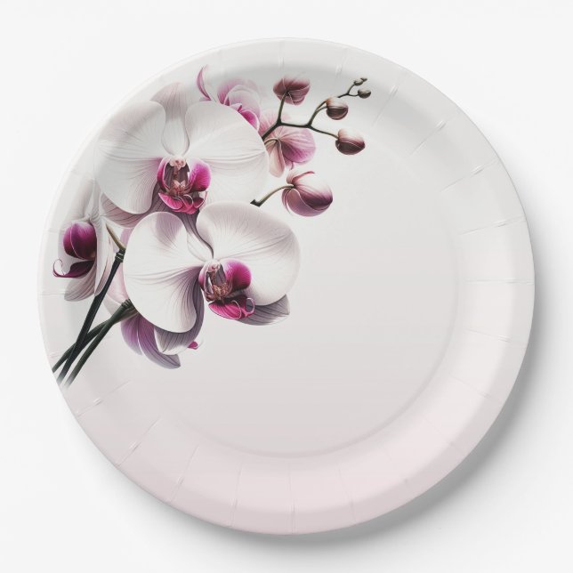 Orchid Flower Pink & White Wedding Paper Plates (Front)