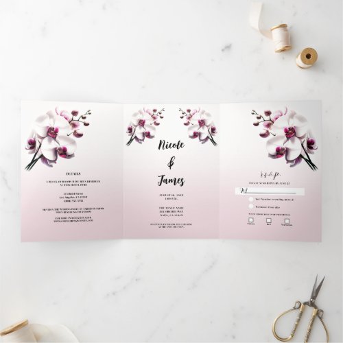 Orchid Flower Pink  White Wedding Tri_Fold Invitation
