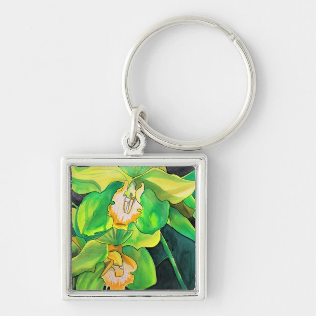Orchid flowers green and yellow art keychain (Front)