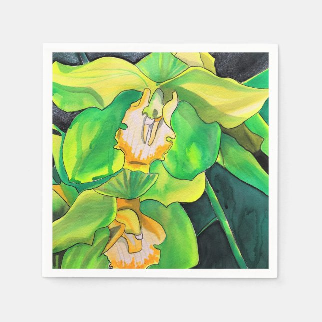 Orchid flowers green and yellow art napkins (Front)