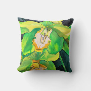 Orchid flowers green and yellow art throw pillow