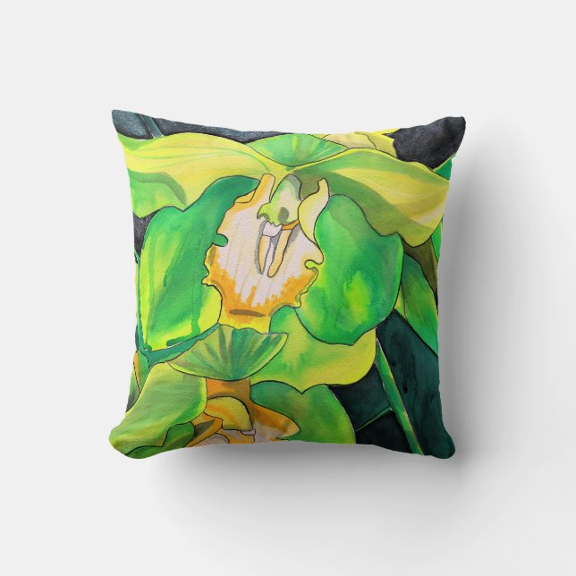 Orchid flowers green and yellow art throw pillow (Front)