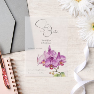 Orchid flowers purple petals save the date vellum invitations