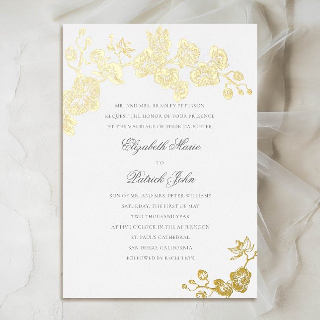 Orchid Formal Classic Heirloom Pure White Wedding Foil Invitation (orchid wedding invitation formal modern classic traditional black tie parents host gold foil white)