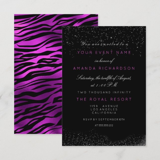 Orchid Fuchsia Tiger Black White Sparkly Birthay Invitation (Front/Back)