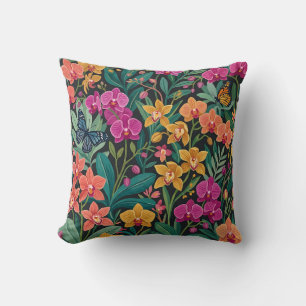 Orchid Garden Throw Pillow with Butterflies