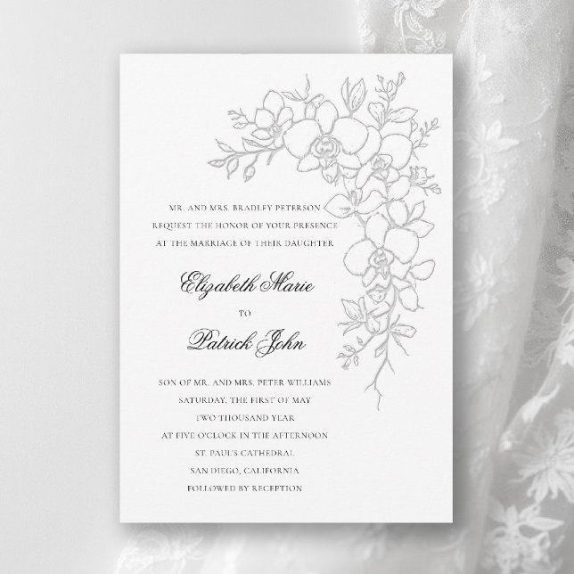 Orchid Gleam Formal Traditional Pure White Wedding Invitation (orchid wedding invitation white gleam formal modern classic traditional black tie parents hosting)