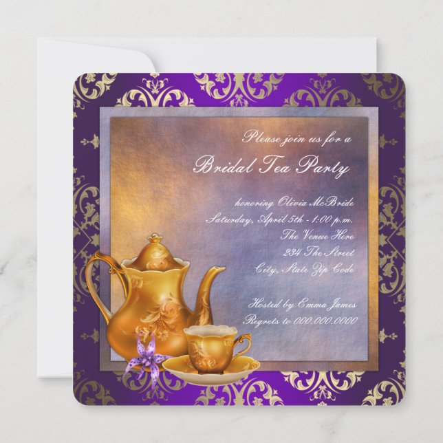 Orchid Gold Purple Bridal Tea Party Invitation (Back)