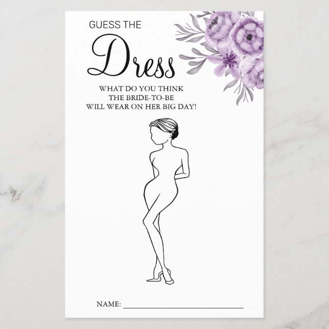 Orchid Guess the Dress Bridal shower game card Flyer (Front)