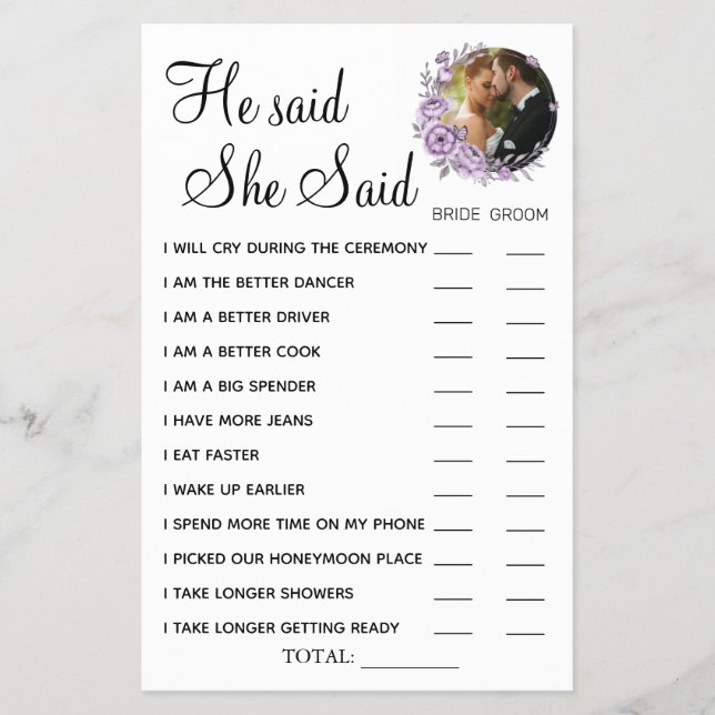 Orchid He said She Said shower game card Flyer (Front)