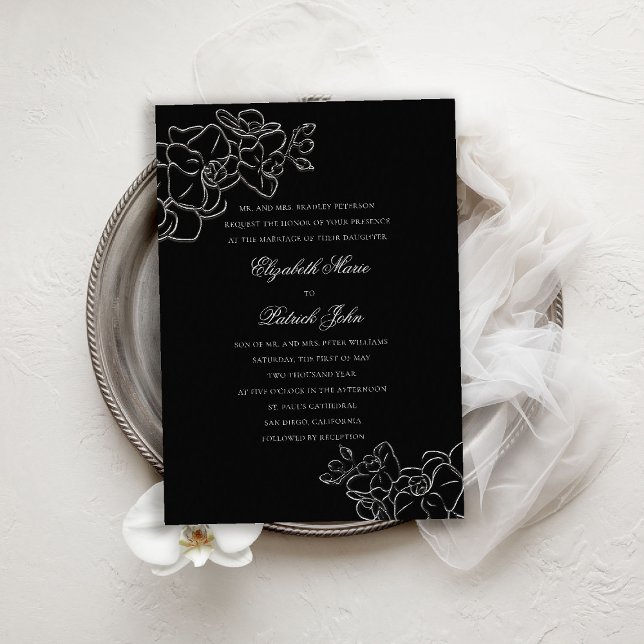 Orchid Heirloom Black White Formal Classic Wedding Invitation (orchid wedding invitation black white formal traditional parents hosting calligraphy modern classic)