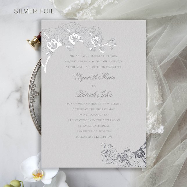 Orchid Heirloom Ivory Classic Formal Wedding Foil Invitation (orchid wedding invitation formal traditional classic parents ivory faux embossed art sketch silver)