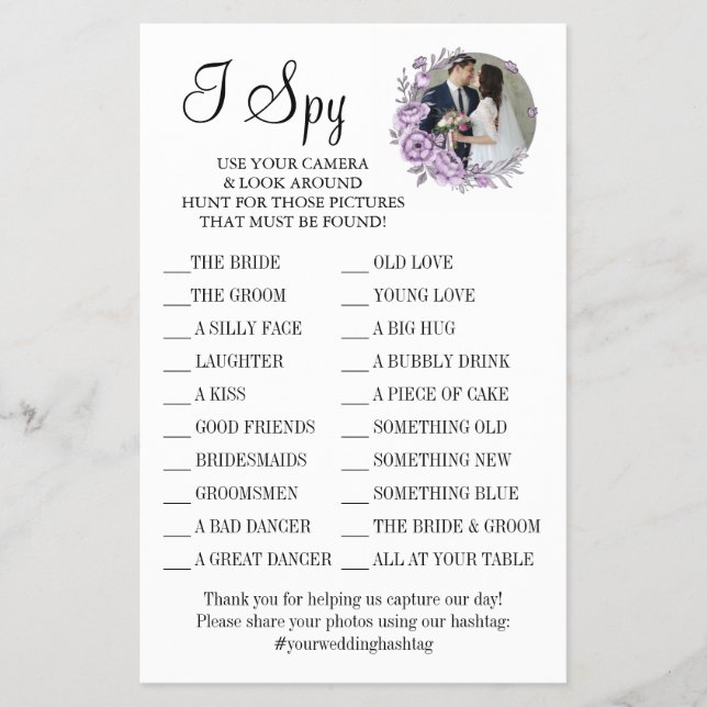 Orchid I spy wedding reception game card Flyer (Front)