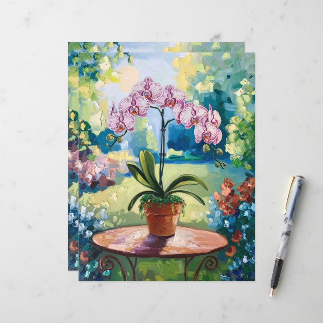 Orchid in a Pot Botanical Painting Scrapbook Paper (Front/Back In Situ)