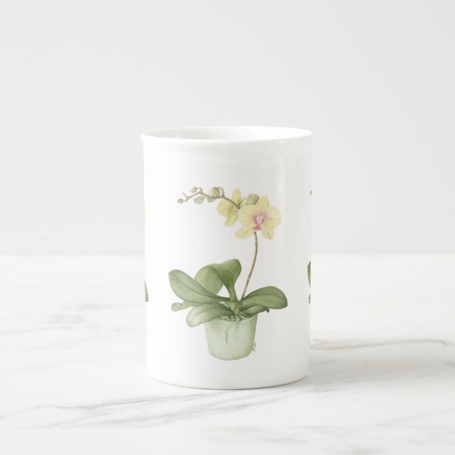 Orchid in Green Pot in Botanical Bone China Mug (Front)