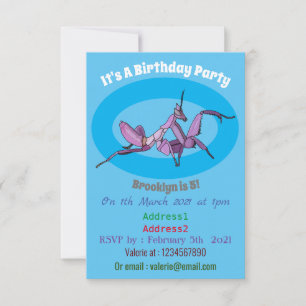 Orchid mantis cartoon illustration invitation