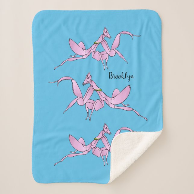 Orchid mantis cartoon illustration sherpa blanket (Front)
