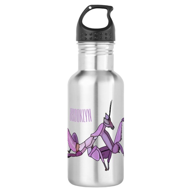 Orchid mantis cartoon illustration stainless steel water bottle (Front)