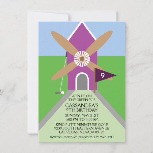 Orchid Miniature Golf Windmill Birthday Party Invites