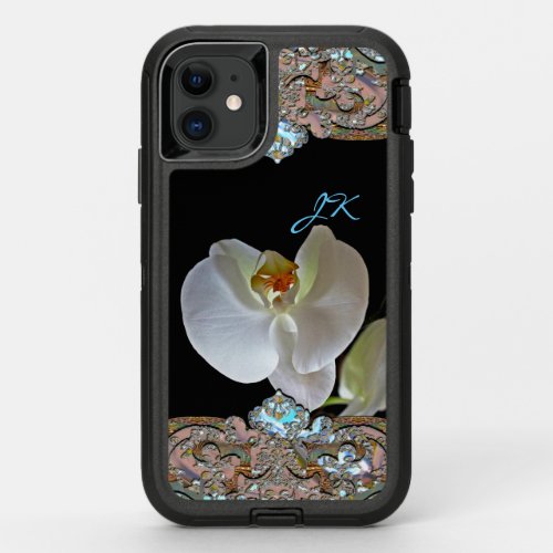 Orchid Monogram Pretty Floral Tough OtterBox Defender iPhone 11 Case