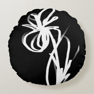 Orchid Noir: Abstract Black & White Round Pillow