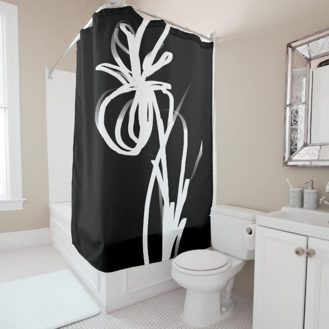 Orchid Noir: Abstract Black & White Shower Curtain (In Situ)