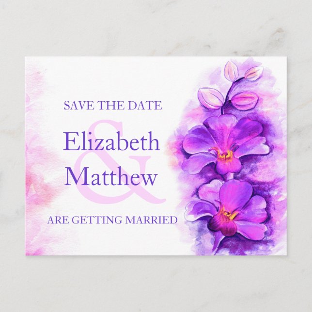 Orchid painted purple flower save the date card (Front)