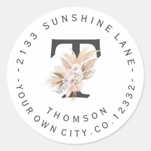 Orchid Pampas Grass Monogram Circular Address  Classic Round Sticker