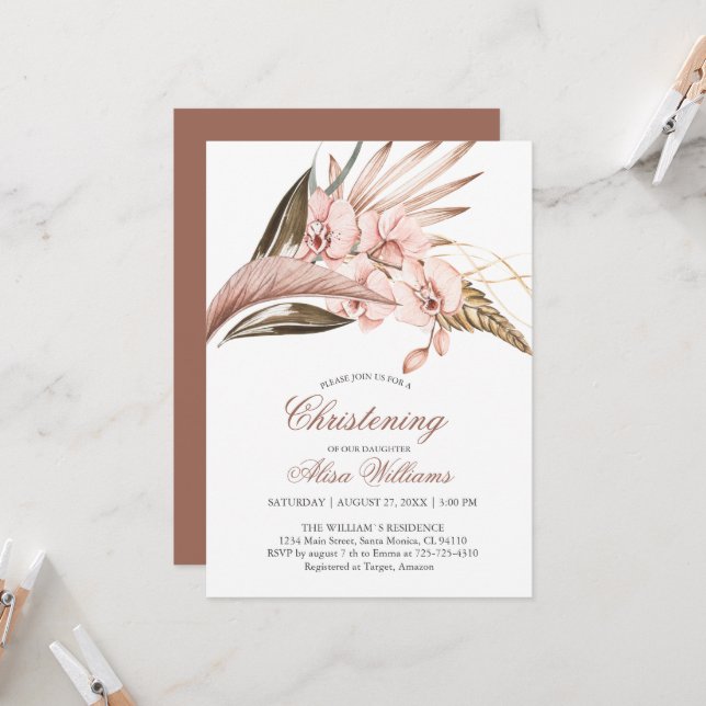 Orchid Pampas Terracotta Christening Invitation  (Front/Back In Situ)