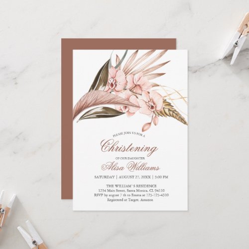 Orchid Pampas Terracotta Christening Invitation 