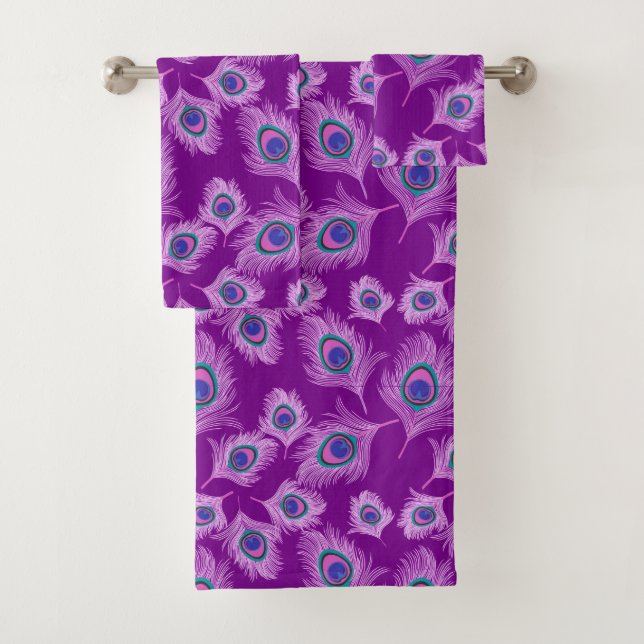 Orchid Peacock Feathers on Amethyst Purple  Bath Towel Set (Insitu)